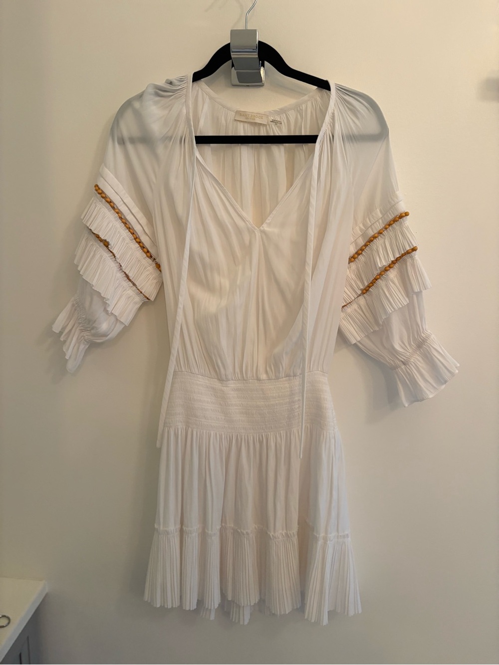 Ramy Brook White Mini Dress with Wooden Bead Detail on the Sleeves